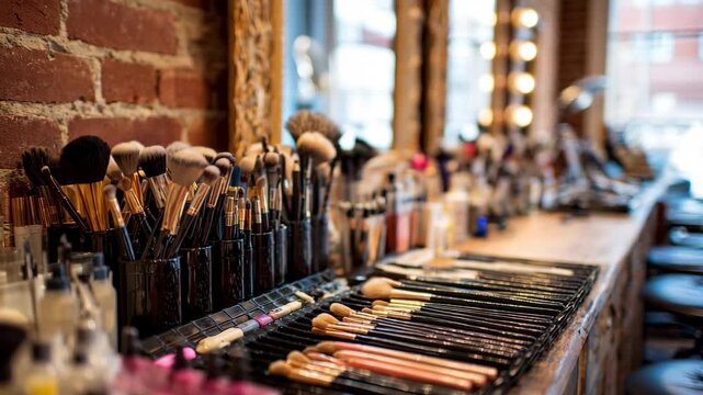 This showcases a counter filled with a diverse assortment of makeup brushes neatly arranged A chic hair salon with a variety of hair tools on the counter