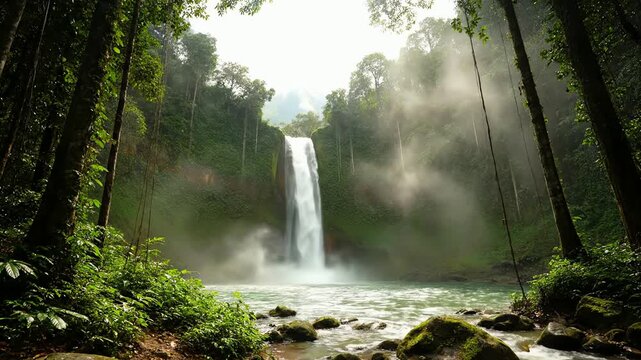 Serene jungle waterfall cascading into a clear turquoise pool amidst lush green foliage sunlight filtering through trees
