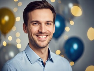 Smiling man in light blue shirt with balloons and bokeh lights in the background