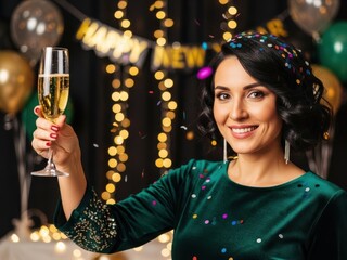 Woman celebrating New Year's Eve with champagne and confetti, smiling brightly