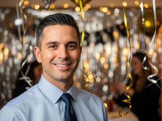 Smiling man in a blue shirt and tie at a festive party with bokeh lights and streamers