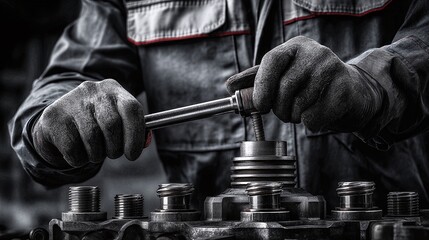 A mechanic tightens a bolt with a socket wrench, showing the precision of repair work. This image highlights automotive service or engineering expertise in action.