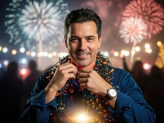 Man wearing colorful Christmas lights necklace with fireworks in the background