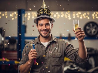 Happy mechanic celebrating New Year's Eve with champagne and confetti in garage