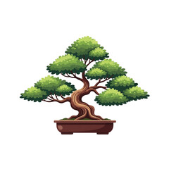 Fototapeta premium Serene Bonsai Tree Illustration in a Pot with Twisted Trunk and Lush Green Leaves