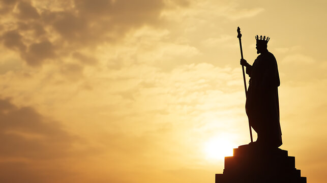 Silhouette of a majestic king statue against a golden sunset. A symbol of power and history, bathed in warm light. Timeless art, evoking tales of royalty and legacy.