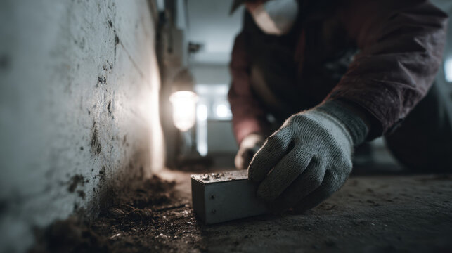 Technician placing a sealed rodent bait station along a wall during professional indoor pest control treatment