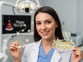 Smiling dentist holding festive New Year's decorations in a modern dental clinic