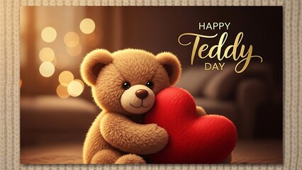 A teddy bear holding a red heart on valentine's day in a cozy room with soft lighting