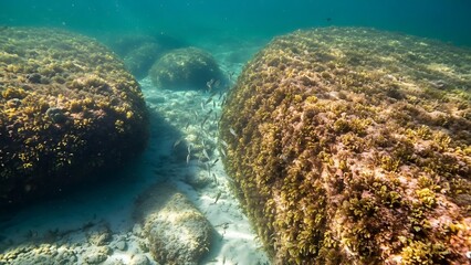 Obraz premium Underwater Coral Reef with Fish in Crystal Clear Water