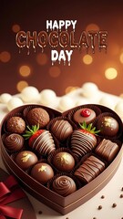 A heart-shaped box filled with assorted chocolates and strawberries on a decorative table