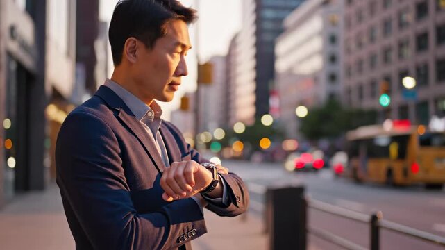 Man looks at watch while standing on street in urban area. Buildings line the street and cars drive past. Concept of time management, business, urban lifestyle