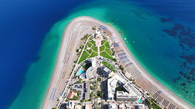 Aerial drone cinematic video of Rodos  or Rhodes island town Elli beach and peninsula a popular summer tourist destination, Dodecanese, Aegean, Greece