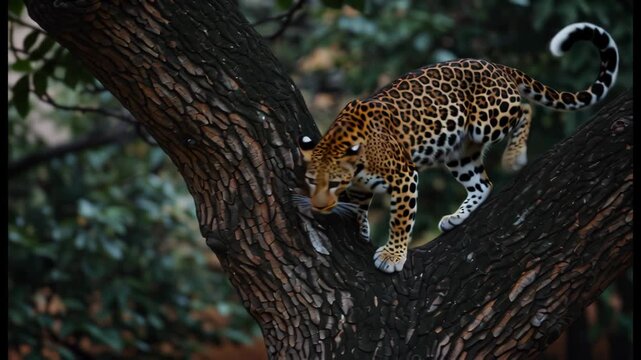Leopard climbing tree with stealthy precision in forest