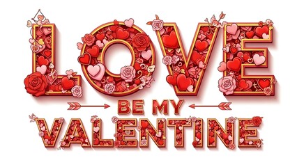 Valentine's Day greeting card with floral LOVE and VALENTINE text surrounded by hearts