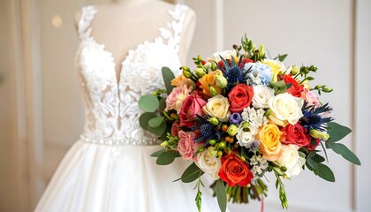 Vibrant wedding bouquet on mannequin