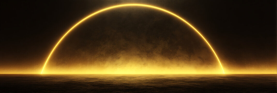 Glowing golden light arc over dark water horizon, abstract sunrise energy concept with luminous semicircle and dramatic reflection