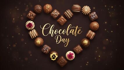 Assorted chocolate confections arranged in heart shape on dark background with celebratory text for Chocolate Day