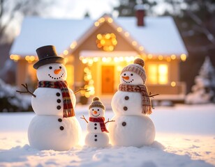 Snowy Christmas scene with snowmen