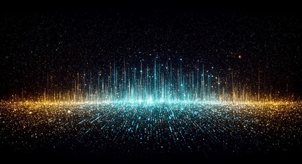 Vibrant blue and yellow light trails radiate outward against a dark background, creating a mesmerizing display of colorful streaks and sparkling particles in a futuristic abstract scene