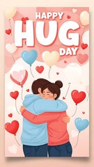 Two women embracing warmly on Hug Day surrounded by heart-shaped balloons