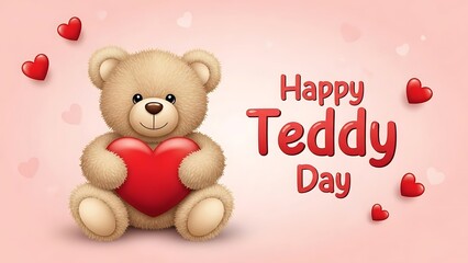 Teddy bear holding heart on soft pink background with love hearts surrounding