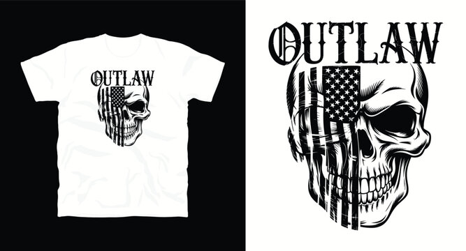 Skull with american flag overlay and text outlaw t-shirt design