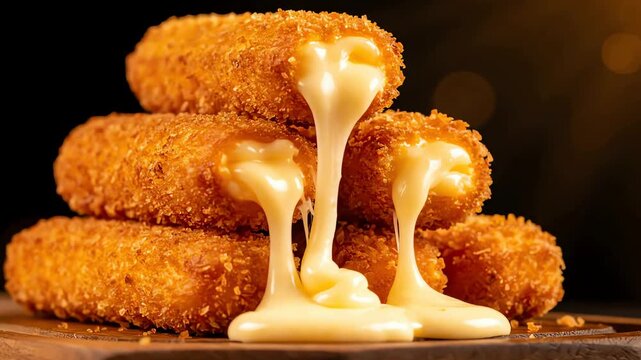 A delicious stack of crispy golden fried cheese sticks with gooey melted cheddar cheese oozing out
