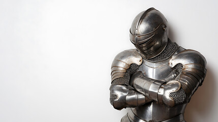 Full set of aged medieval armor. Metal helmet and chainmail detail, breastplate, and arms crossed ready for battle, strength. White background copy space available.