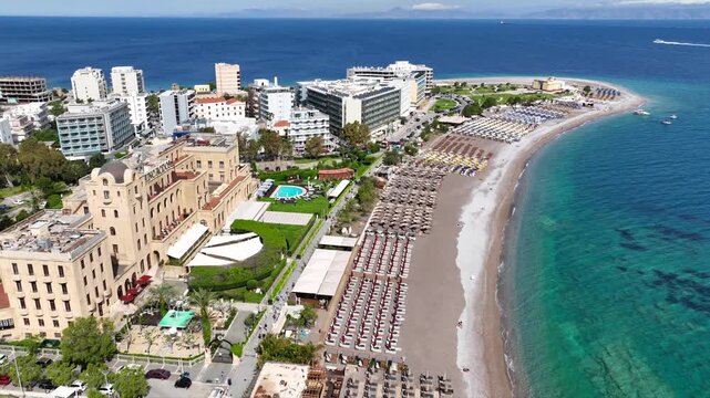 Aerial drone cinematic video of Rodos  or Rhodes island town featuring Casino, Elli beach and peninsula a popular summer tourist destination, Dodecanese, Aegean, Greece