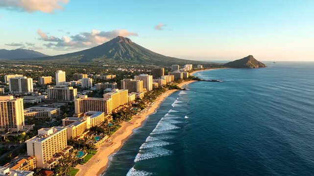 Aerial Drone View of Tropical Coastal Cityscape With Majestic Mountains and Ocean Waves at Sunrise