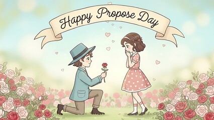 Man proposing to woman in a garden on a lovely day surrounded by flowers