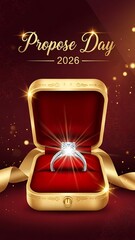 A diamond ring in an open jewelry box on a luxurious red velvet background