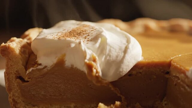Close-up of a delicious slice of pumpkin pie with whipped cream and cinnamon on top, perfect for Thanksgiving dessert.