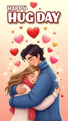 Man and woman embracing surrounded by hearts on a gradient background
