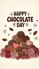 A vibrant illustration of assorted chocolates and flowers celebrating Happy Chocolate Day