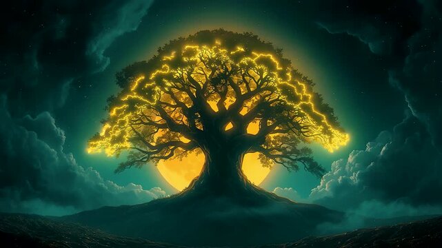 Glowing ancient tree with radiant golden canopy standing in a dark mystical landscape, dramatic clouds, and powerful light creating a fantasy scene