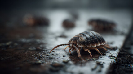 Macro close-up of woodlouse crawling on a wet tiled floor with dramatic lighting and shallow depth of field highlighting household pest activity and damp environment