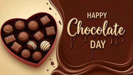 Celebrate Chocolate Day with a Heart-Shaped Box of Delicious Chocolates and Dripping Chocolate Waves