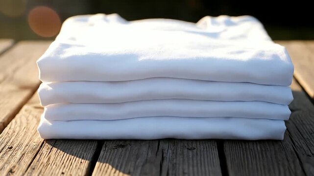 Close up of a stack of clean folded white cotton t-shirts on a rustic wooden table outdoors in the warm sunlight