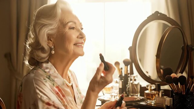 A beautiful elderly woman smiles while applying makeup with a brush and lipstick at her dressing table