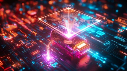 Glowing usb drive with digital holographic interface and glowing orange and blue circuits on abstract motherboard background. Futuristic and high-tech atmosphere of data processing - Powered by Adobe