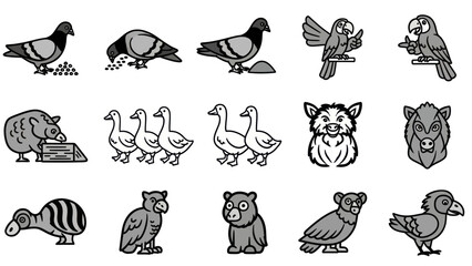 Fototapeta premium Various stylized animal illustrations in grayscale perfect for design projects