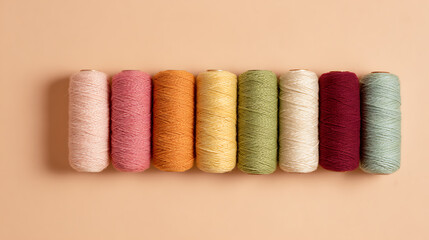 A curated palette of colorful thread spools, each radiating warmth and texture on a neutral backdrop. A crafter's dream, brimming with creative potential.