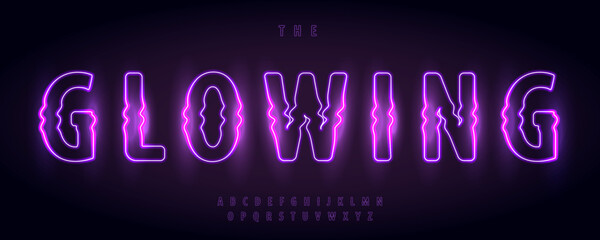 Glow Neon Font Logo Alphabet Vector Light Effect Letters Set Modern Typography, Violet Glowing Typographic Design for Title Text, Typo Poster Headline, Led Contour Sans Serif Fonts. Vector Typeface