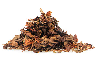 Pile of chopped tobacco isolated on a white background. Dried smoking tobacco.