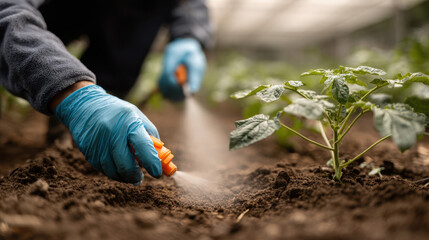 Naklejka premium Gloved hand spraying pesticide on young vegetable plant in garden soil during pest control treatment