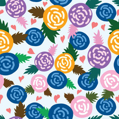 purple, yellow and blue roses with colorful leaves and hearts seamless pattern. Good for fabric, textile, wrapping and more.