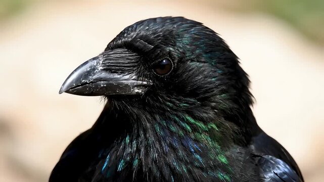 A stunning close up portrait of a black raven with beautiful iridescent plumage looking directly into the camera.