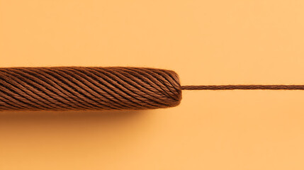 Close-up shot capturing a roll of thick brown thread gradually tapering into a single strand against a tan background, highlighting texture and color contrast in a minimalist way.